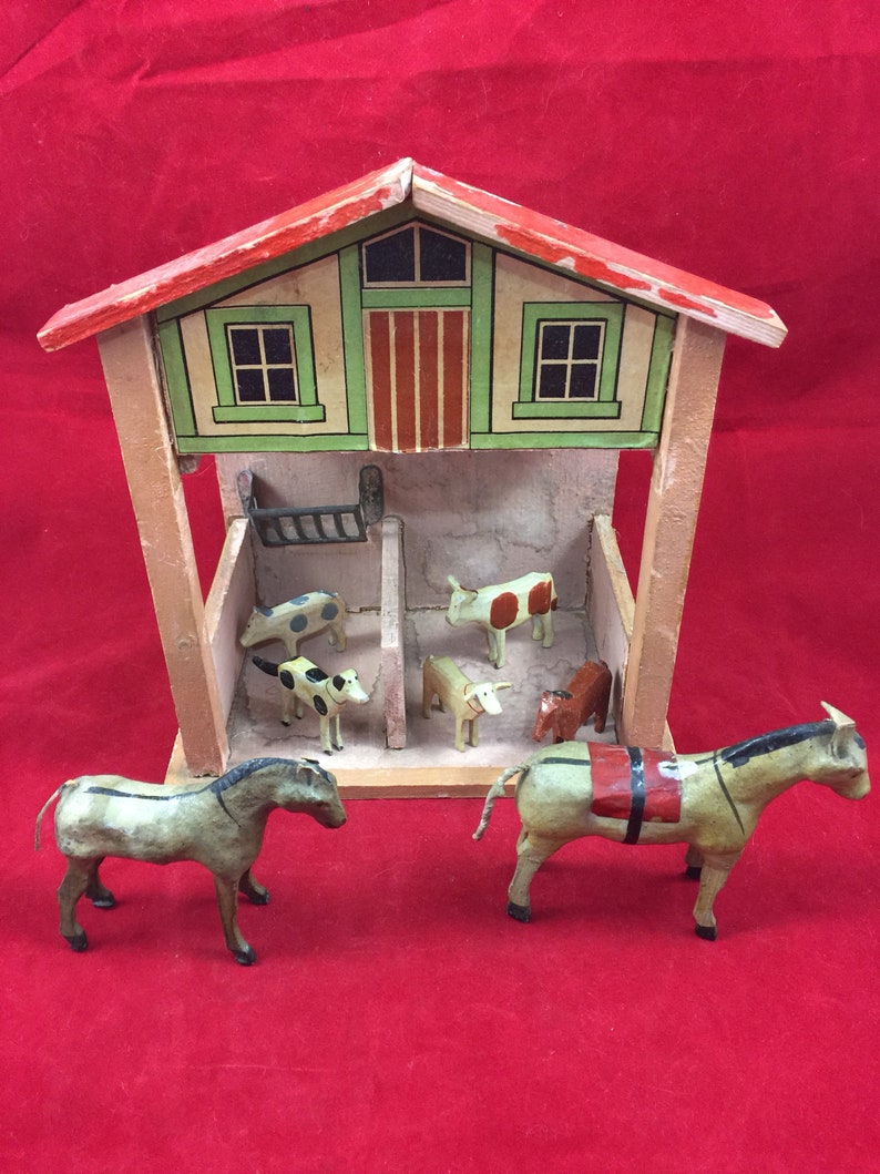 Antique Toy Barn Stable With Horses And Barn Animals Primitive Etsy