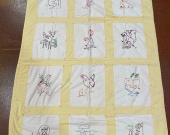 Antique Baby Quilt. Vintage Crib Quilt embroidered patchwork child’s nursery