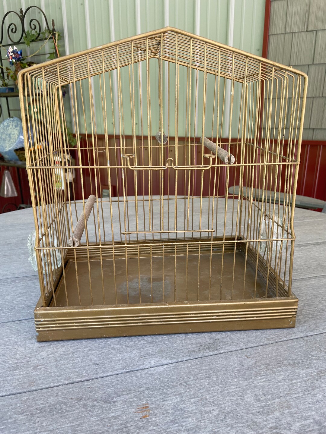 Vintage Hendryx Bird Cage With Glass Feeders Antique Brass Bird Cage