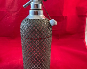 Sparklets Seltzer Bottle 1930's soda dispenser antique barware London soda metal mesh wrapped liquor bartender