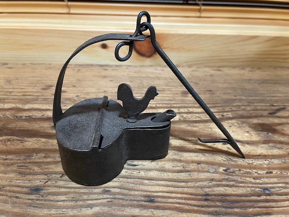 Antique Cast Iron Betty Lamp With Rooster Finial Besser Lamp Miner