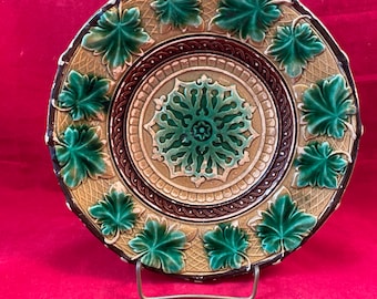 Majolica Plate with Leaves with Medallion 1880 German Majolica