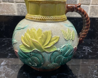 Antique Majolica Water Lily Pitcher  1880 Majolica pottery English majolica pitcher white lotus