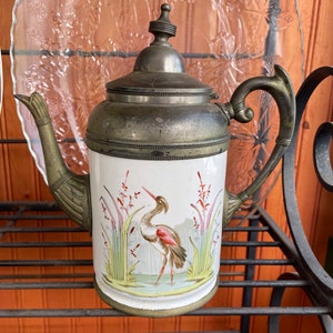 Antique Pewter Enamel Tea Pot  hand painted enamelware   granite ware tea kettle egret heron stork