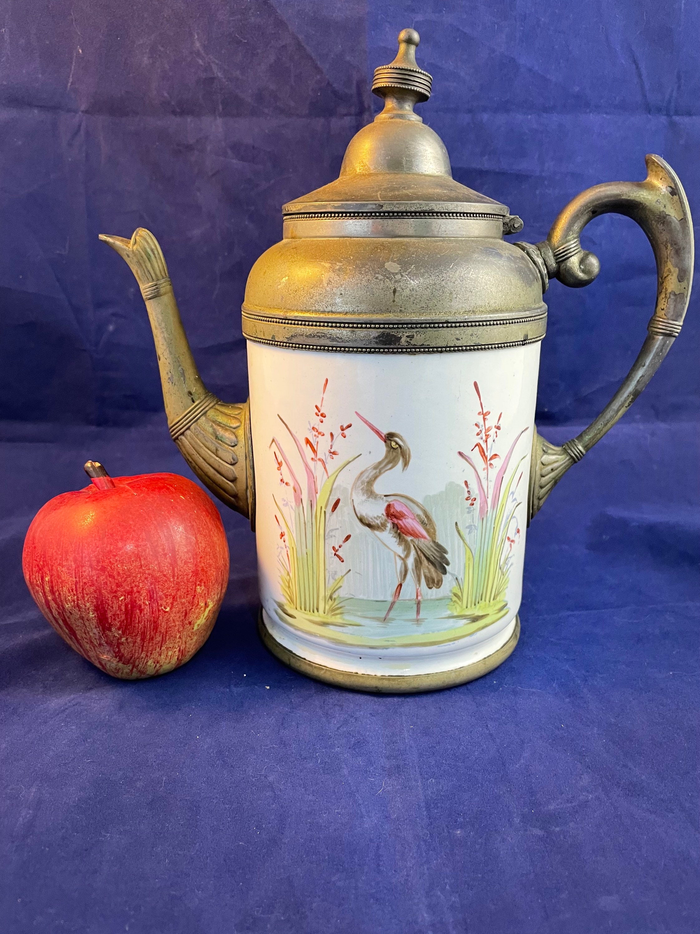Antique Pewter Enamel Tea Pot hand painted enamelware Etsy Polska