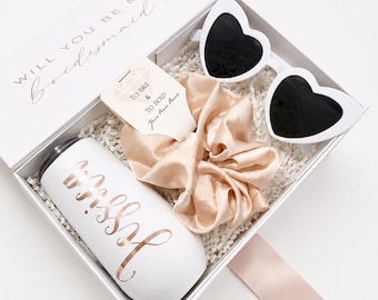 Personlig frierilåda för brudtärnor, champagneglas, hjärtformade solglasögon, scrunchie-presentset