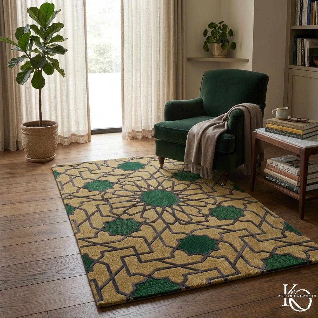 Greenarbic Rug Patterns Moroccan Geometric Wool Rug, Green & Beige Islamic Pattern Area Rug ...