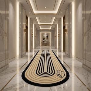 Alfombra ovalada de 2,5 x 18 pies, tejida a mano, de lana con diseño geométrico en beige y negro, ideal para pasillos o recibidores.