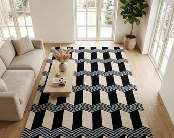 Handmade 8X10 Geometric Wool Rug, Black Beige Blue Area Rug, Hand-Tufted Modern Carpet, Mid Century Living Room Bedroom Decor