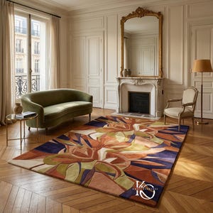 Hand-Tufted Wool Rug 9x12, Abstract Boho Rust Gold Blue Carpet, Living Room Decor