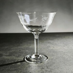 Op de afbeelding: Een helder coupeglas met geëtste bloemmotieven. Het glas heeft een brede, ondiepe kom en een slanke steel, ideaal voor het serveren van cocktails of champagne. De geëtste details geven het glaswerk een elegante uitstraling.
