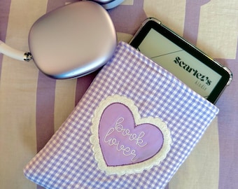 Handmade Padded Book Sleeve, E-reader Kindle Cover, Purple Gingham Heart