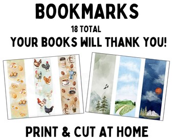 Watercolor Bookmark, Printable Bookmark, Set of 18, Instant Download