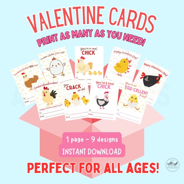 Chicken Valentine Day Cards, Print at Home, Digital Download, Valentine Day Cards