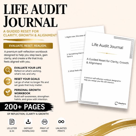 Life Audit Journal Printable | Self Reflection Workbook, Personal Growth Planner, Life Reset Journal, Goal Setting Workbook