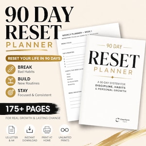 90 Day Reset Planner Printable | Habit Tracker, Goal Planner, Life Reset Workbook, Productivity Planner, Self Improvement Planner