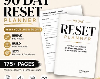 90 Day Reset Planner Printable | Habit Tracker, Goal Planner, Life Reset Workbook, Productivity Planner, Self Improvement Planner