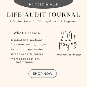 Life Audit Journal printable PDF “What’s Inside” page highlighting over 200 pages with guided life sections, spacious writing pages, reflection summaries, graphs, charts, tables, and workbook sections in a minimalist design.