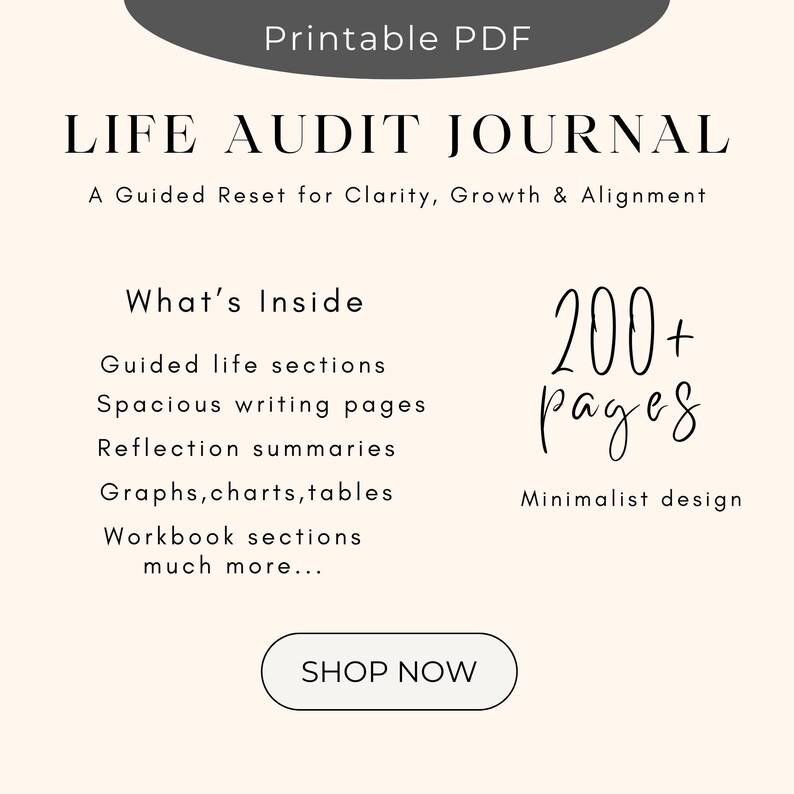Life Audit Journal printable PDF “What’s Inside” page highlighting over 200 pages with guided life sections, spacious writing pages, reflection summaries, graphs, charts, tables, and workbook sections in a minimalist design.