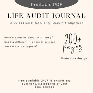 Life Audit Journal printable PDF listing support page showing customer help message for questions, custom requests, and different file formats or sizes, featuring over 200 pages in a minimalist design.
