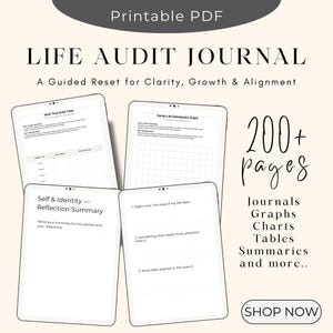 Life Audit Journal printable PDF mockup featuring over 200 pages of guided self-reflection worksheets, including daily time audit tables, satisfaction graphs, journal prompts, reflection summaries, charts, and planning pages for personal growth and clarity.