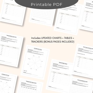 Life Audit Journal printable PDF mockup showing updated charts, tables, and tracker pages, including bonus worksheets such as life wheel score chart, budget planner, meal tracker, reflection grids, and satisfaction tracking pages for personal growth and goal planning.
