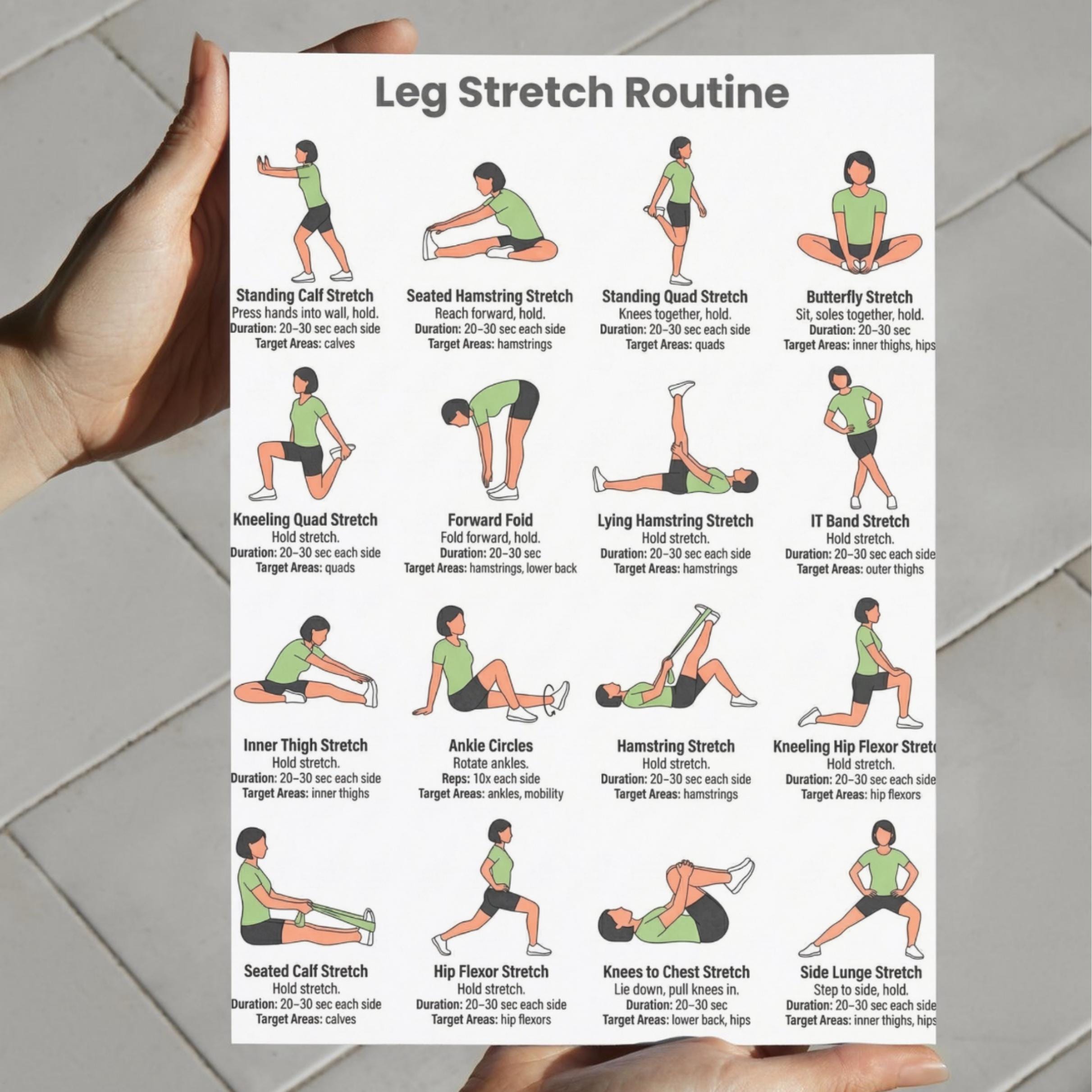 Legs Stretching Routine Leg Stretch Routine Printable Poster, Exercises Lower Body Stretching ...