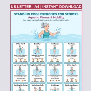 May include: A digital poster titled Standing Pool Exercises for Seniors featuring illustrations of a person performing aquatic fitness movements. The chart includes text for US Letter and A4 sizes, and instructions for exercises like water marches, side steps, heel raises, and squats.