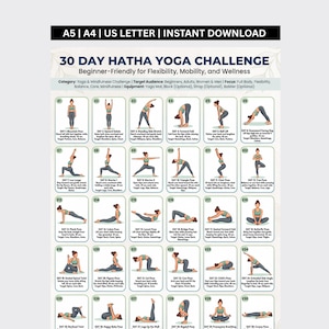 May include: A 30-day Hatha yoga challenge chart featuring 30 illustrated poses with text instructions for each day. The document includes labels for A5, A4, and US Letter sizes, and lists categories, target audience, focus, and equipment requirements.