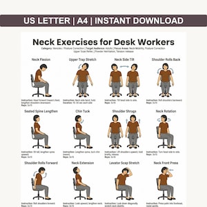 Neck Exercises for Desk Workers –  Desk Stretch Poster Printable, Office Seated and Standing Neck Exercise Chart, Home and Computer Work