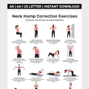 Neck Hump Correction Exercises Printable ,  Workout PDF Forward Head Posture , Upper Back/Neck Stretch Guide , 9 Exercises , A4 & US Letter