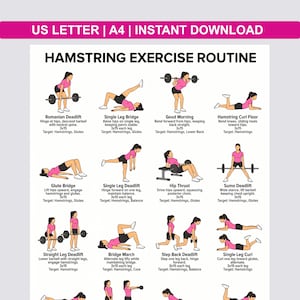 Può includere: Un grafico di esercizi intitolato "Hamstring Exercise Routine", con illustrazioni di esercizi come Romanian Deadlift e Single Leg Bridge. Il grafico include istruzioni e i gruppi muscolari target per ogni esercizio.