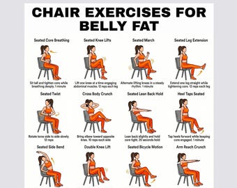 Exercices sur chaise pour perdre du ventre, 16 exercices de gainage assis pour renforcer les abdominaux et favoriser la perte de graisse, affiche d'entraînement à faible impact (PDF imprimable)