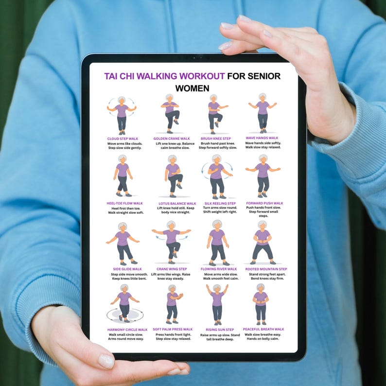May include: A tablet displays a "Tai Chi Walking Workout for Senior Women" guide. The guide features illustrated steps with text descriptions, including Cloud Step Walk, Golden Crane Walk, and Brush Knee Step. The tablet is held by a person wearing a blue hoodie.