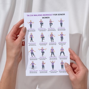May include: A white printed sheet with a Tai Chi walking workout for senior women. The sheet shows illustrated figures demonstrating various Tai Chi steps, including Cloud Step Walk and Golden Crane Walk. The sheet is held by a person.