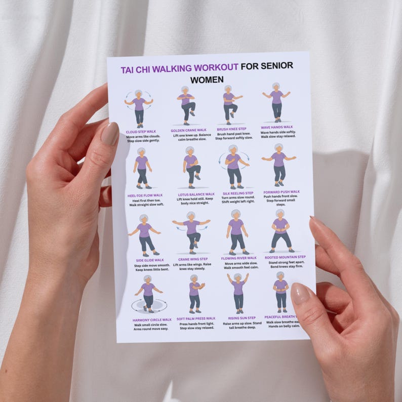 May include: A white printed sheet with a Tai Chi walking workout for senior women. The sheet shows illustrated figures demonstrating various Tai Chi steps, including Cloud Step Walk and Golden Crane Walk. The sheet is held by a person.
