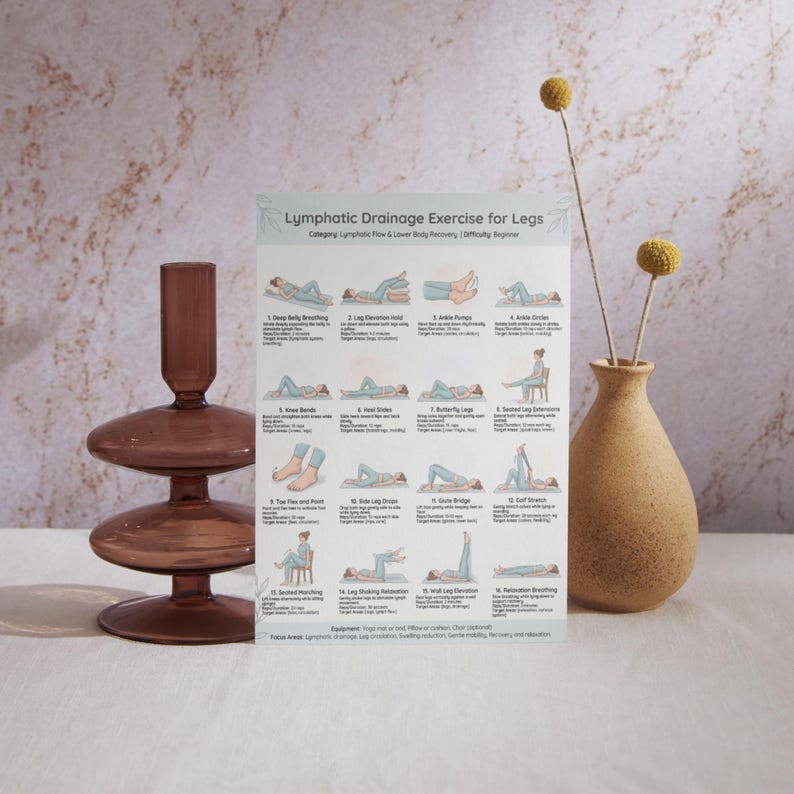 May include: A poster titled "Lymphatic Drainage Exercise for Legs" displays illustrated exercises. A brown glass candle holder and a tan vase with dried flowers are in the foreground. The poster's exercises are for lymphatic flow and lower body recovery.