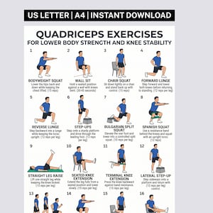 May include: A white instructional poster titled QUADRICEPS EXERCISES FOR LOWER BODY STRENGTH AND KNEE STABILITY. It features sixteen numbered illustrations of a figure in a blue shirt and black shorts performing various exercises with text descriptions.