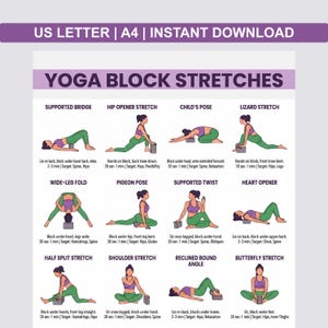 May include: A printable yoga guide with various poses, including Supported Bridge, Hip Opener, and Child's Pose. Each pose is illustrated with a person demonstrating the stretch, along with instructions and target areas. The guide is available for instant download.