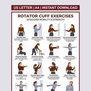 Peut inclure: Un guide imprimable intitulé "Exercices de la coiffe des rotateurs" avec des illustrations de divers exercices de mobilité et de force des épaules. Les exercices comprennent les rotations d'épaules, la marche des doigts sur le mur et la rotation externe avec bande.