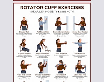 Exercices de la coiffe des rotateurs PDF imprimable | Tableau des exercices de soulagement de la douleur à l'épaule et de rééducation | Poster Routine pour la mobilité des épaules