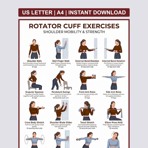 Rotator Cuff Exercises Printable PDF | Shoulder Pain Relief & Rehab Exercise Chart | Shoulder Mobility Strength Routine Poster
