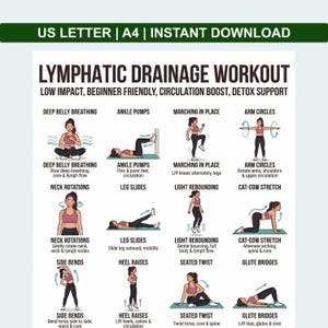 Può includere: Infografica verde e bianca intitolata "Allenamento per il drenaggio linfatico" con illustrazioni di esercizi. Gli esercizi includono respirazione addominale profonda, pompaggio delle caviglie, marcia sul posto, cerchi con le braccia e altro. Il testo in alto recita "US LETTER | A4 | INSTANT DOWNLOAD".
