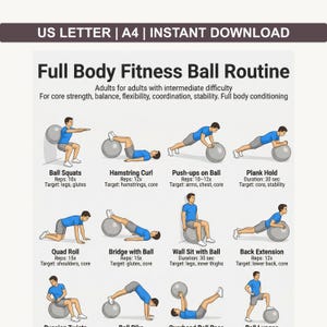 May include: A fitness ball routine chart with illustrations of exercises. The chart includes exercises like ball squats, hamstring curls, push-ups, and plank holds. Text at the top reads "Full Body Fitness Ball Routine" and "US LETTER | A4 | INSTANT DOWNLOAD".