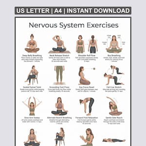 Puede incluir: Una gu&iacute;a imprimible titulada "Ejercicios del sistema nervioso" con ilustraciones de posturas de yoga. Los ejercicios incluyen respiraci&oacute;n abdominal profunda, estiramiento de cuello, flujo de rodillo de hombros y respiraci&oacute;n cuadrada. Descarga instant&aacute;nea.