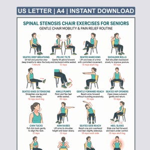 May include: A digital instructional chart titled Spinal Stenosis Chair Exercises for Seniors, featuring twelve illustrated figures in teal tank tops and black leggings performing seated mobility movements with text instructions and repetition counts.
