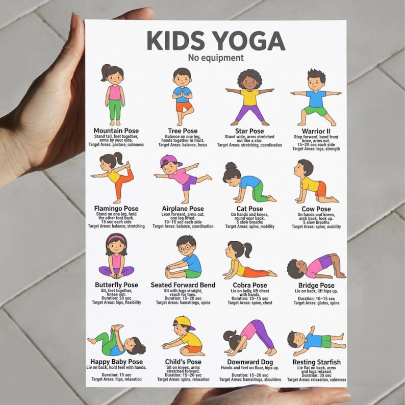 Kids Yoga Poster, Yoga Poses for Children Printable , 16 Easy Exercises