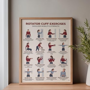 May include: A framed poster with a light wood frame displays rotator cuff exercises for shoulder mobility and strength. The poster features illustrations of various exercises, including shoulder rolls, wall finger walks, and towel stretches. The text is in a dark brown colour.