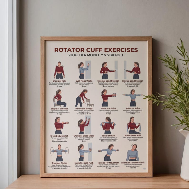 May include: A framed poster with a light wood frame displays rotator cuff exercises for shoulder mobility and strength. The poster features illustrations of various exercises, including shoulder rolls, wall finger walks, and towel stretches. The text is in a dark brown colour.