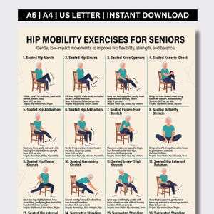 Può includere: Un poster didattico color beige intitolato Hip Mobility Exercises for Seniors, con dodici illustrazioni numerate di una persona in maglietta verde acqua che esegue esercizi di stretching seduta su una sedia di legno, con istruzioni testuali.